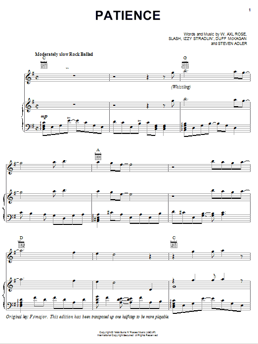 Guns N' Roses Patience sheet music notes and chords. Download Printable PDF.