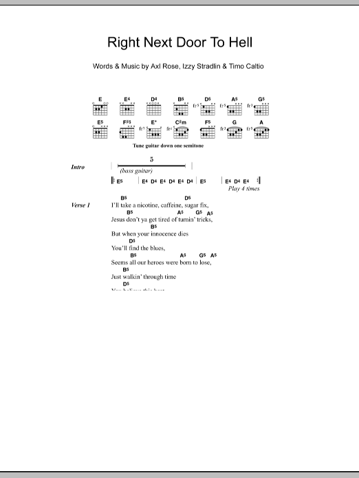 Guns N' Roses Right Next Door To Hell sheet music notes and chords. Download Printable PDF.