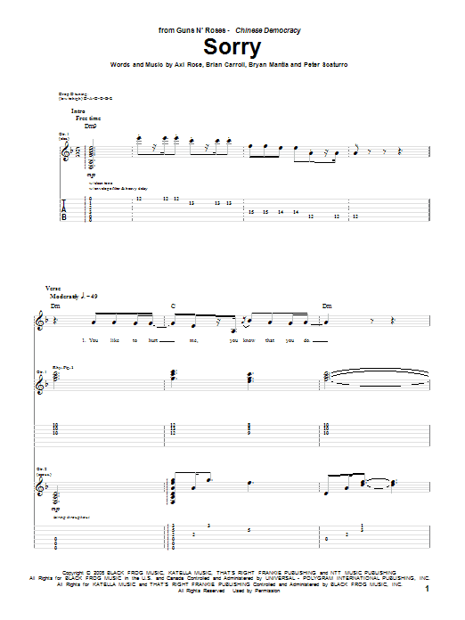 Learn to play Guns N' Roses Sorry sheet music for Guitar Tab in minutes. Price: 7.8900$ Guns N' Roses Sorry sheet music notes and chords arranged for Guitar Tab