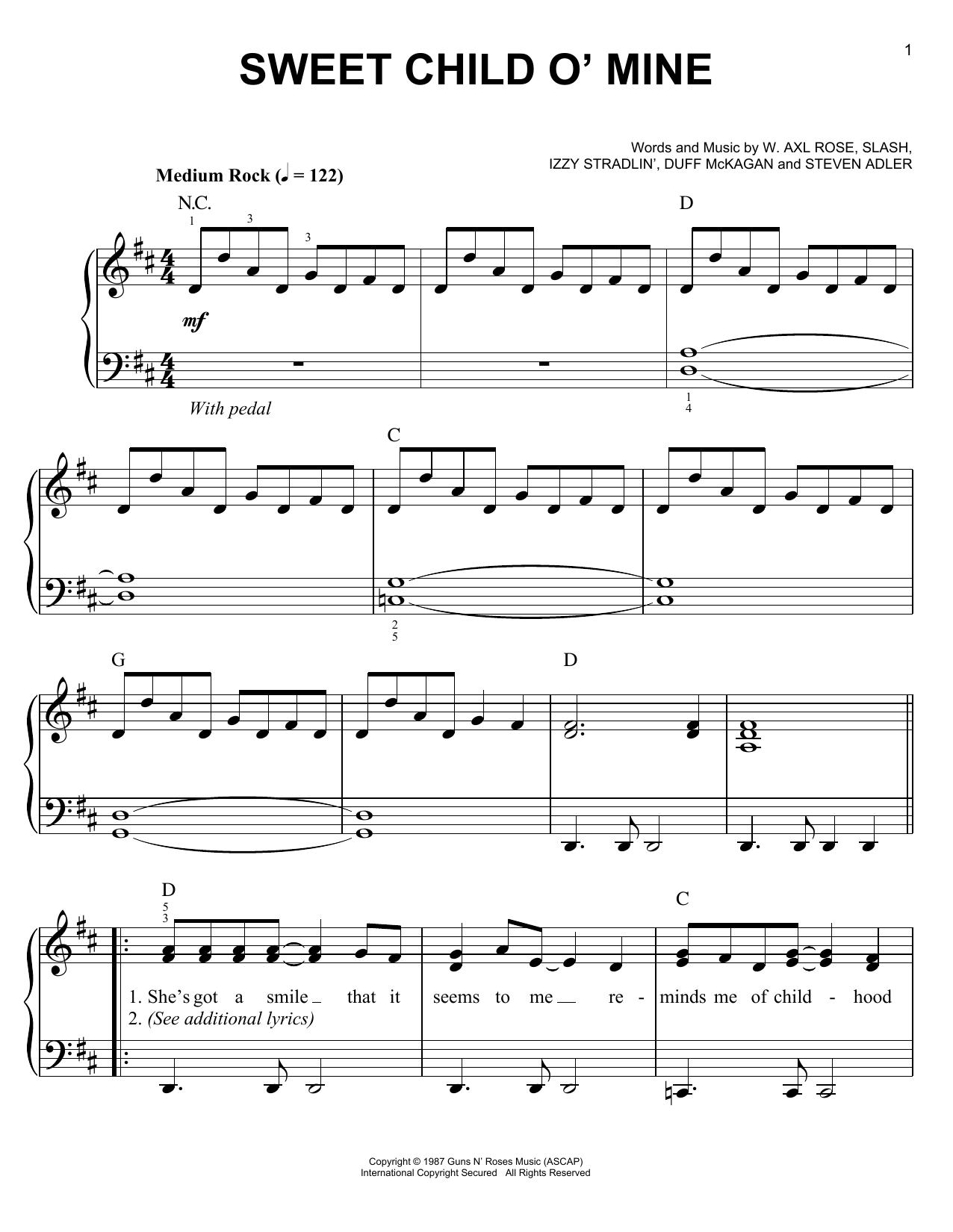 Guns N' Roses Sweet Child O' Mine sheet music notes and chords. Download Printable PDF.