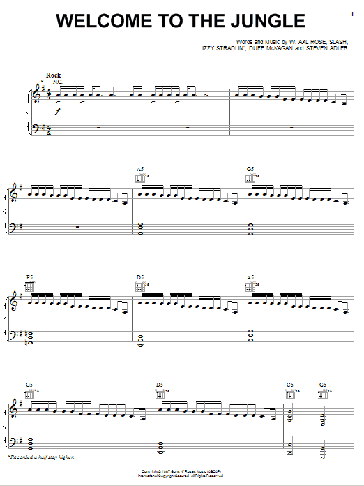 Guns N' Roses Welcome To The Jungle sheet music notes and chords. Download Printable PDF.