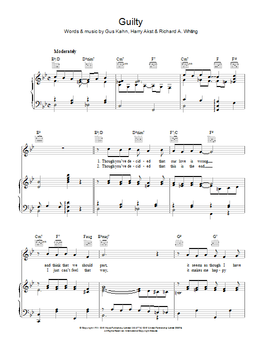 Learn to play Gus Kahn Guilty sheet music for Real Book – Melody & Chords – Bass Clef Instruments in minutes. Price: 5.9900$ Gus Kahn Guilty sheet music notes and chords arranged for Real Book – Melody & Chords – Bass Clef Instruments