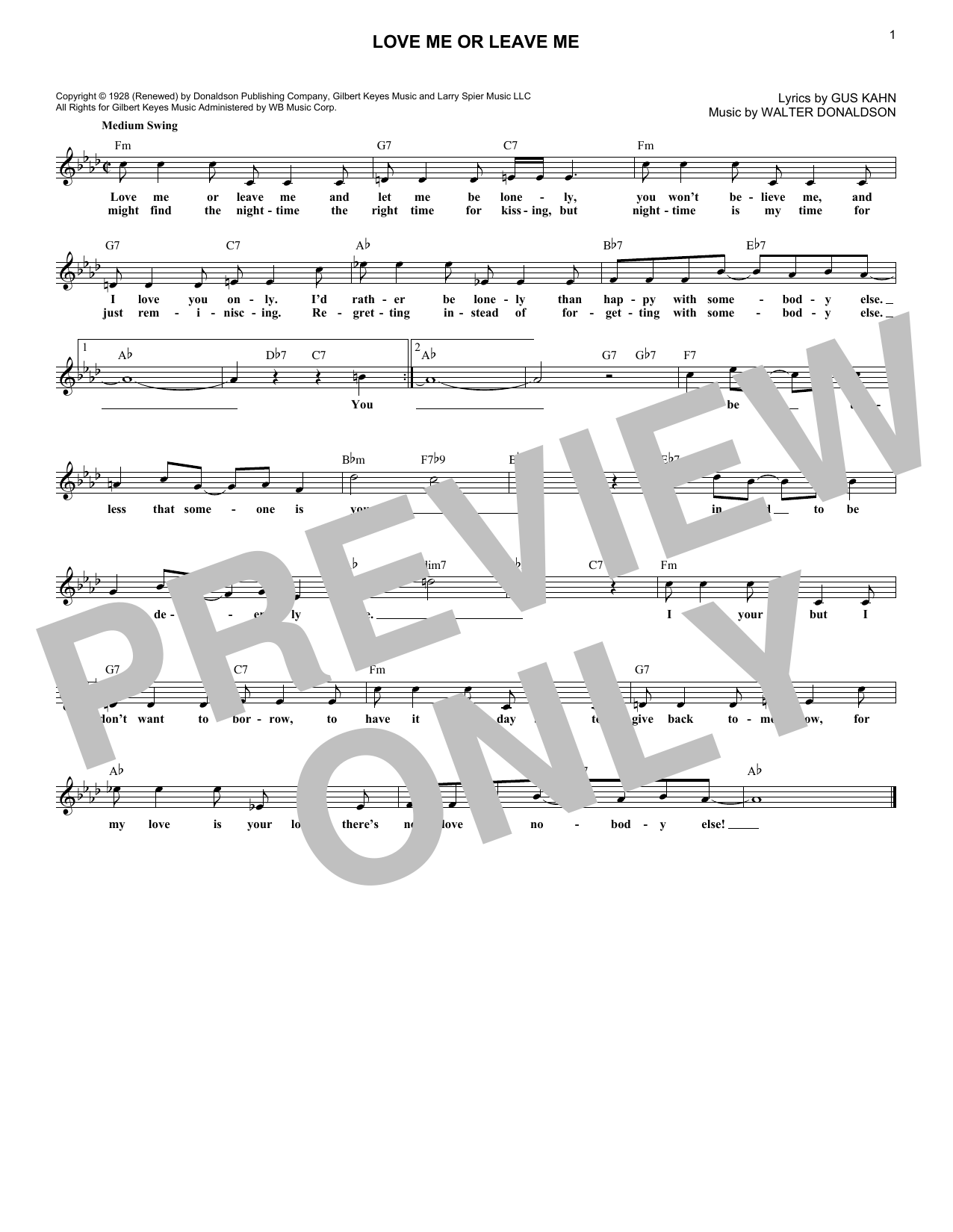 Gus Kahn Love Me Or Leave Me sheet music notes and chords. Download Printable PDF.