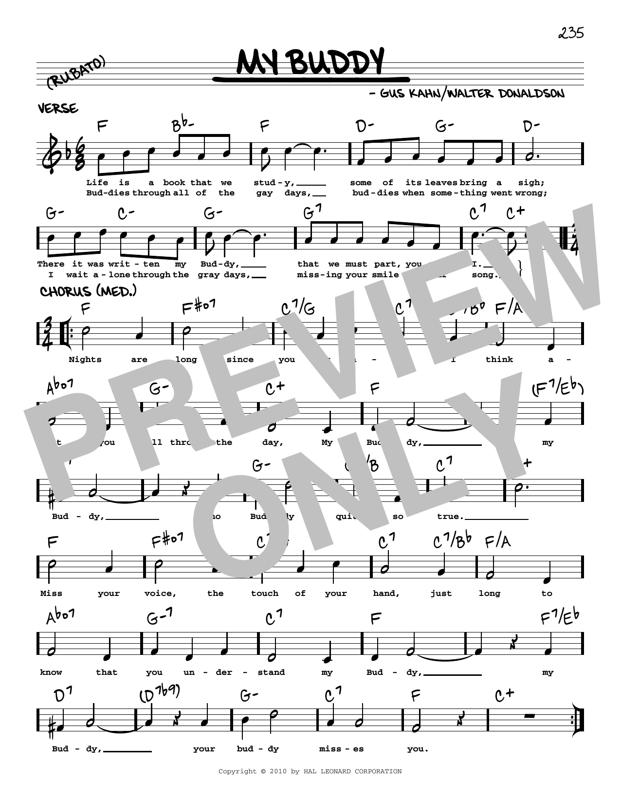 Gus Kahn My Buddy (arr. Robert Rawlins) sheet music notes and chords arranged for Real Book – Melody, Lyrics & Chords