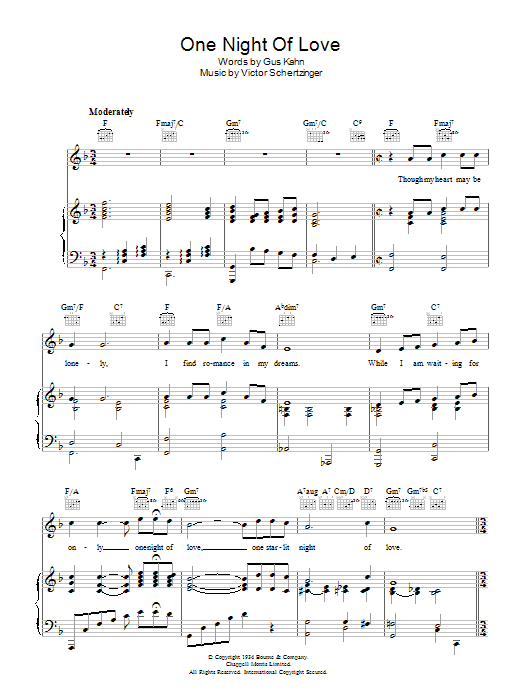 Gus Kahn One Night Of Love sheet music notes and chords arranged for Piano, Vocal & Guitar Chords