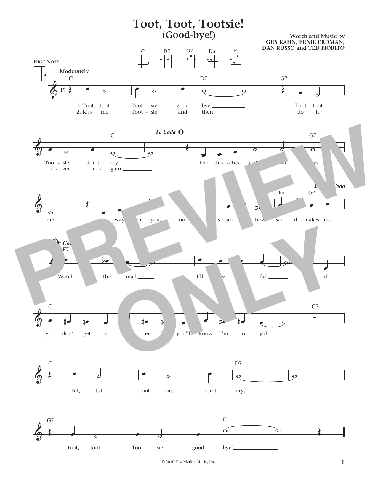 Learn to play Gus Kahn Toot, Toot, Tootsie! (Good-bye!) (from The Daily Ukulele) (arr. Liz and Jim Beloff) sheet music for Ukulele in minutes. Price: 5.9900$ Gus Kahn Toot, Toot, Tootsie! (Good-bye!) (from The Daily Ukulele) (arr. Liz and Jim Beloff) sheet music notes and chords arranged for Ukulele