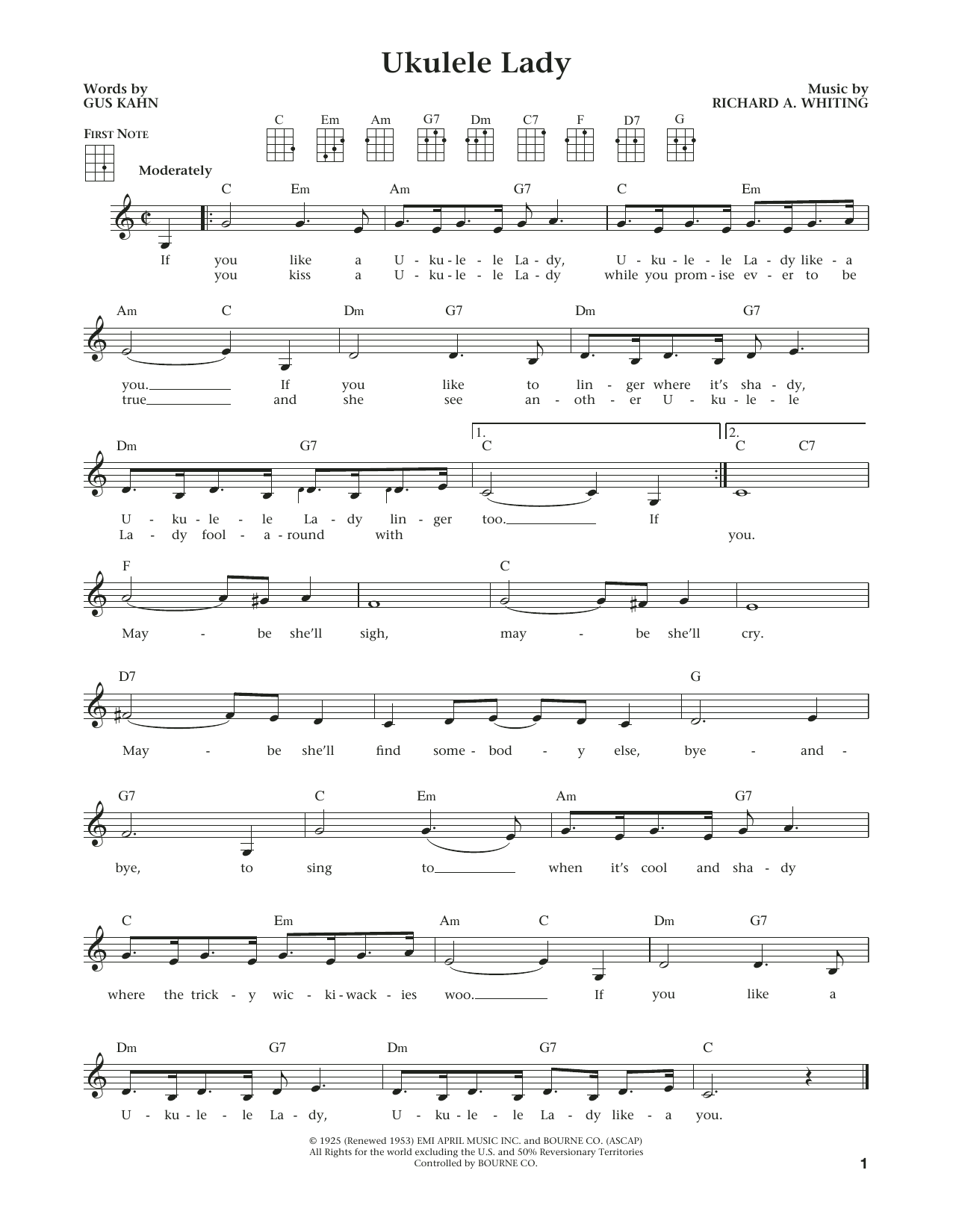 Learn to play Gus Kahn Ukulele Lady (from The Daily Ukulele) (arr. Liz and Jim Beloff) sheet music for Ukulele in minutes. Price: 5.9900$ Gus Kahn Ukulele Lady (from The Daily Ukulele) (arr. Liz and Jim Beloff) sheet music notes and chords arranged for Ukulele