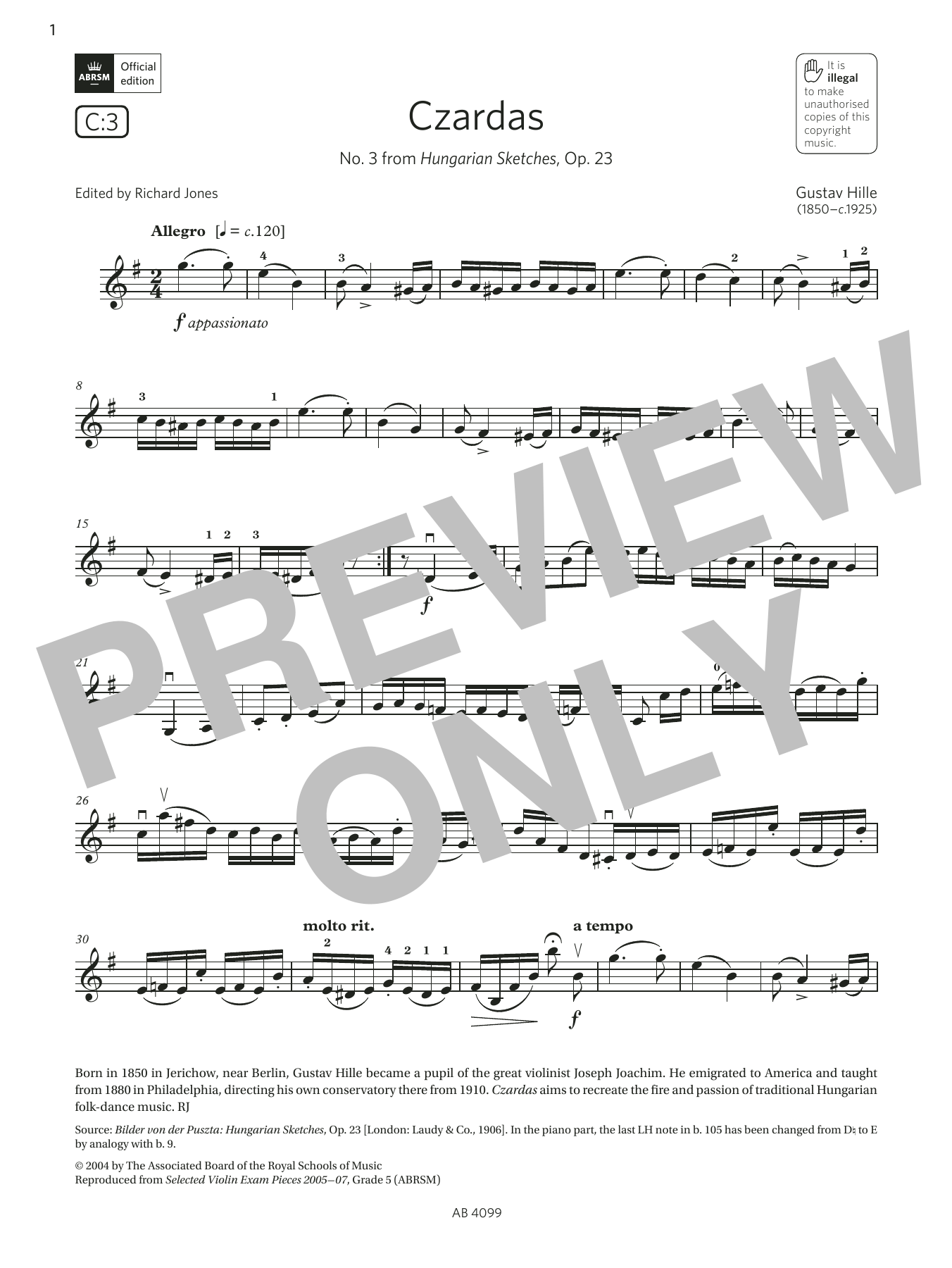 Gustav Hille Czardas (Grade 5, C3, from the ABRSM Violin Syllabus from 2024) sheet music notes and chords. Download Printable PDF.