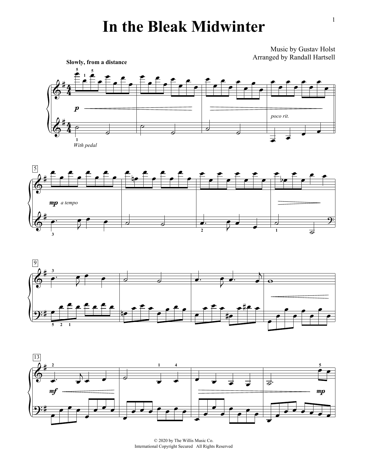 Learn to play Gustav Holst In The Bleak Midwinter (arr. Randall Hartsell) sheet music for Educational Piano in minutes. Price: 6.9900$ Gustav Holst In The Bleak Midwinter (arr. Randall Hartsell) sheet music notes and chords arranged for Educational Piano