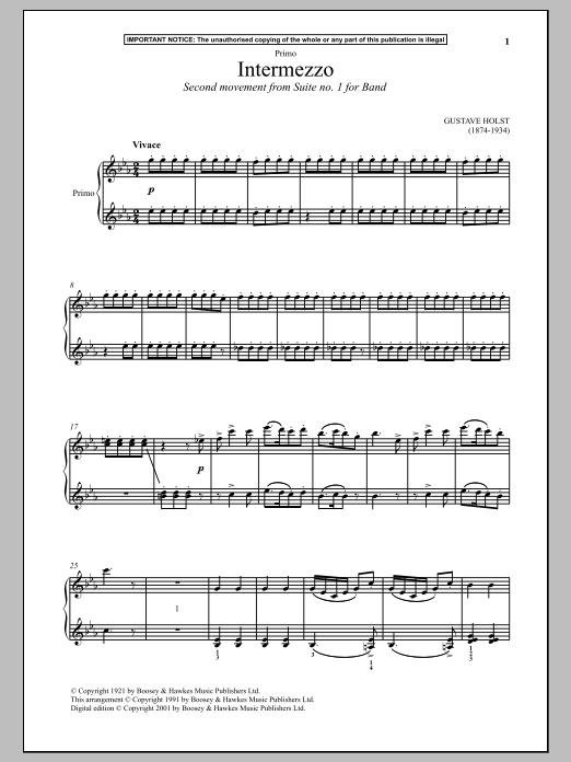 Learn to play Gustav Holst Intermezzo (Second Movement from Suite No. 1 For Band) sheet music for Piano Duet in minutes. Price: 7.8900$ Gustav Holst Intermezzo (Second Movement from Suite No. 1 For Band) sheet music notes and chords arranged for Piano Duet