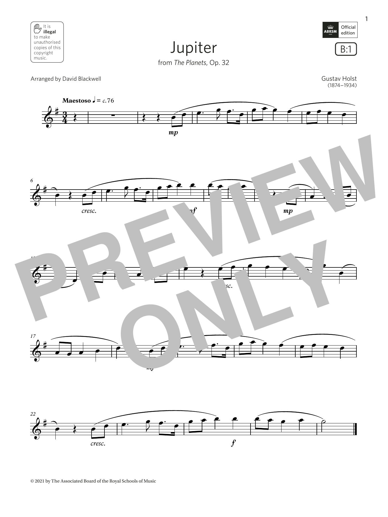 Gustav Holst Jupiter (from The Planets, Op. 32) (Grade 2 List B1 from the ABRSM Saxophone syllabus from 2022) sheet music notes and chords. Download Printable PDF.