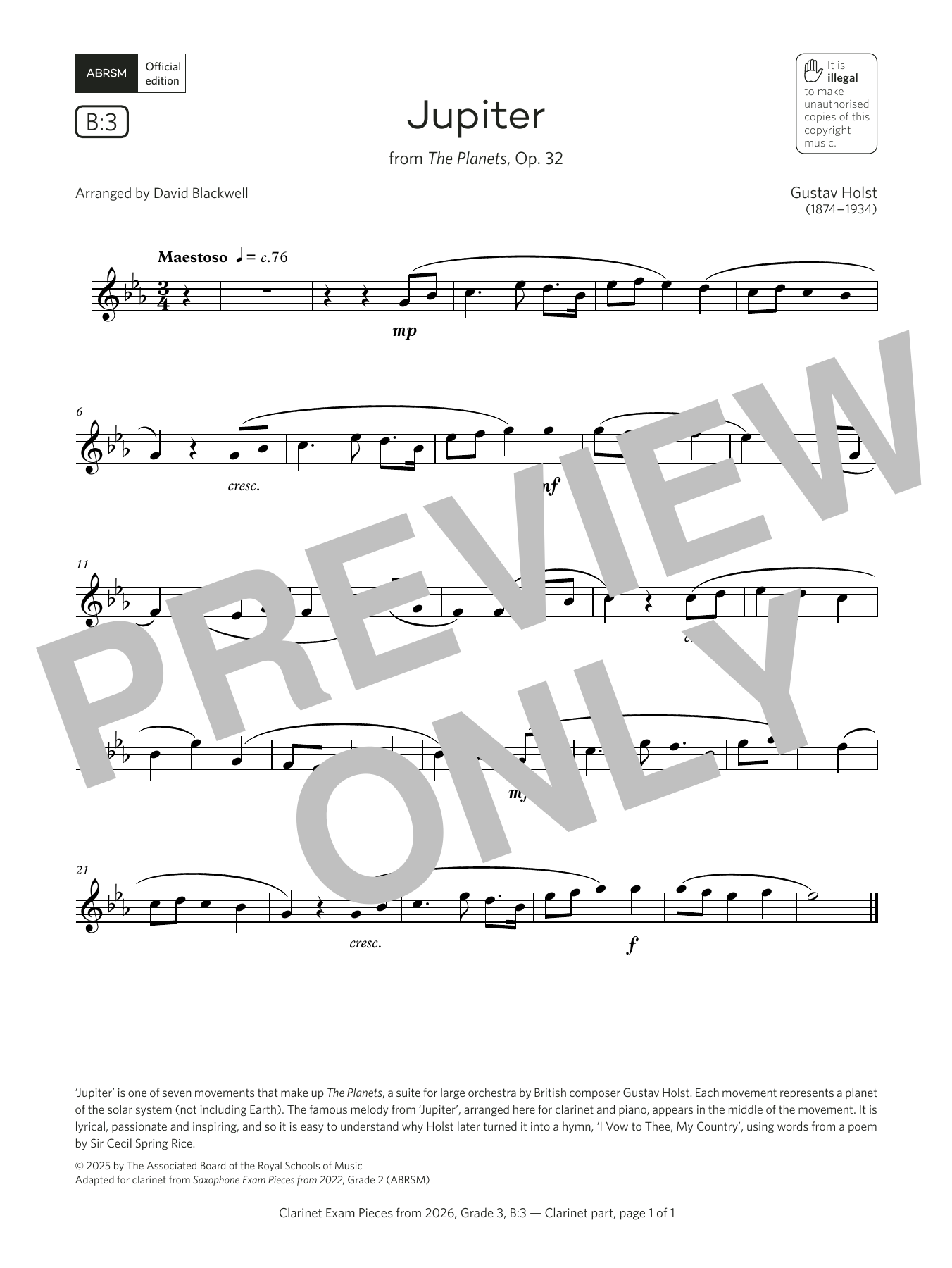 Learn to play Gustav Holst Jupiter (Grade 3, list B3, from the ABRSM Clarinet Syllabus from 2026) sheet music for Clarinet Solo in minutes. Price: 5.9900$ Gustav Holst Jupiter (Grade 3, list B3, from the ABRSM Clarinet Syllabus from 2026) sheet music notes and chords arranged for Clarinet Solo