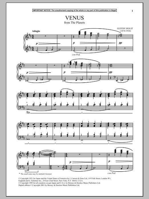 Learn to play Gustav Holst The Planets, Op. 32, Venus sheet music for Piano Solo in minutes. Price: 7.8900$ Gustav Holst The Planets, Op. 32, Venus sheet music notes and chords arranged for Piano Solo