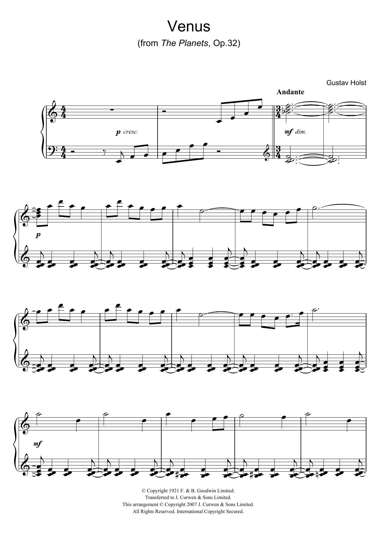 Gustav Holst Venus (from The Planets Op.32) sheet music notes and chords. Download Printable PDF.