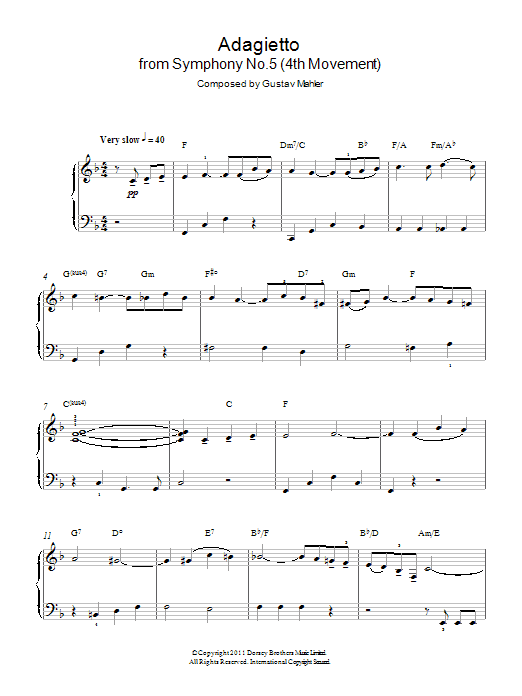 Gustav Mahler Adagietto from Symphony No.5 (4th Movement) sheet music notes and chords. Download Printable PDF.