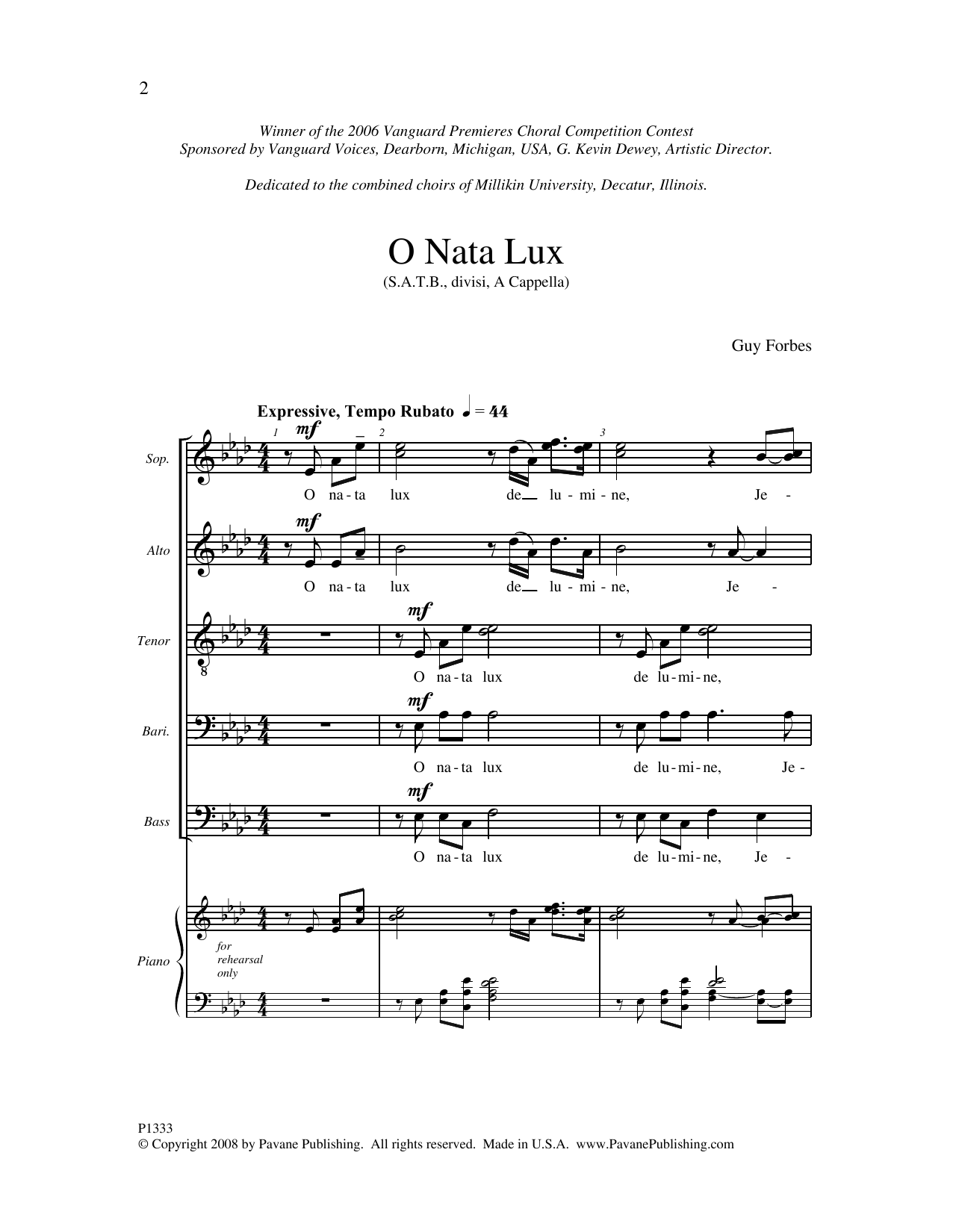 Guy Forbes O Nata Lux sheet music notes and chords. Download Printable PDF.