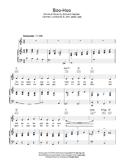 Learn to play Guy Lombardo Boo-Hoo sheet music for Piano, Vocal & Guitar Chords in minutes. Price: 7.8900$ Guy Lombardo Boo-Hoo sheet music notes and chords arranged for Piano, Vocal & Guitar Chords