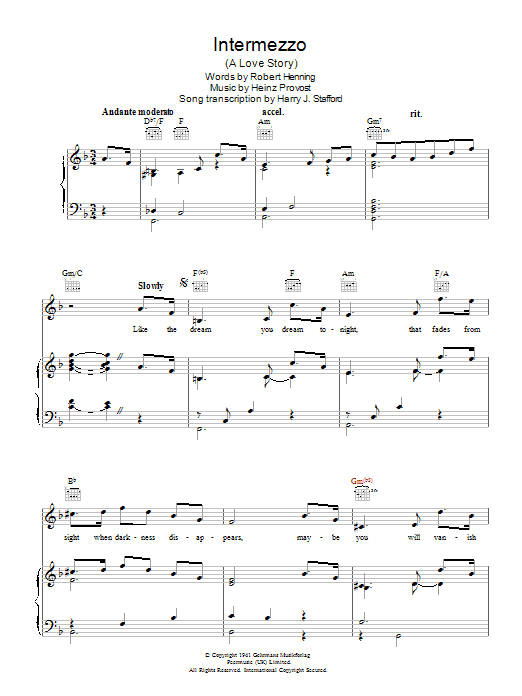 Learn to play Guy Lombardo Intermezzo - A Love Story sheet music for Piano, Vocal & Guitar Chords in minutes. Price: 7.8900$ Guy Lombardo Intermezzo - A Love Story sheet music notes and chords arranged for Piano, Vocal & Guitar Chords