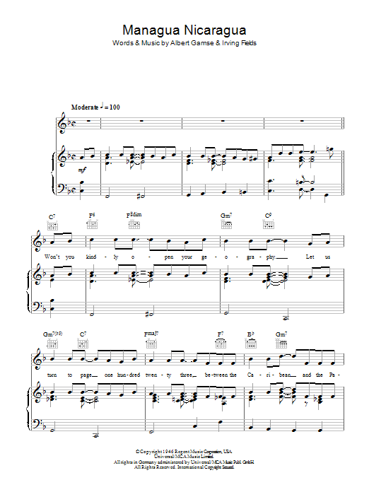 Learn to play Guy Lombardo Managua Nicaragua sheet music for Piano, Vocal & Guitar Chords in minutes. Price: 7.8900$ Guy Lombardo Managua Nicaragua sheet music notes and chords arranged for Piano, Vocal & Guitar Chords