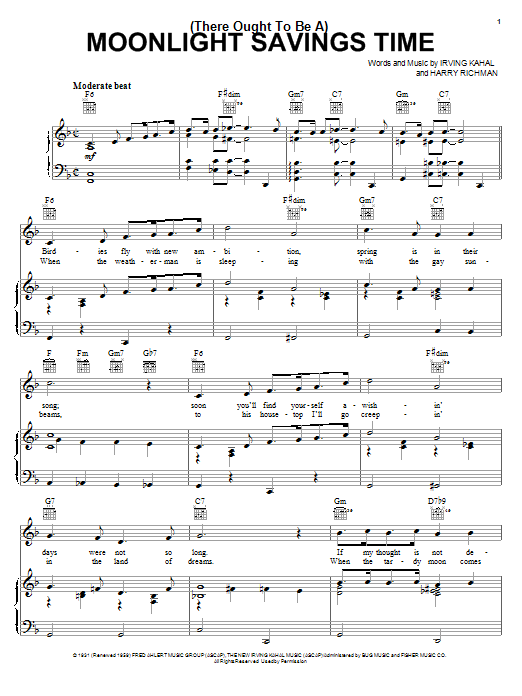 Learn to play Guy Lombardo (There Ought To Be A) Moonlight Savings Time sheet music for Piano, Vocal & Guitar Chords (Right-Hand Melody) in minutes. Price: 7.8900$ Guy Lombardo (There Ought To Be A) Moonlight Savings Time sheet music notes and chords arranged for Piano, Vocal & Guitar Chords (Right-Hand Melody)