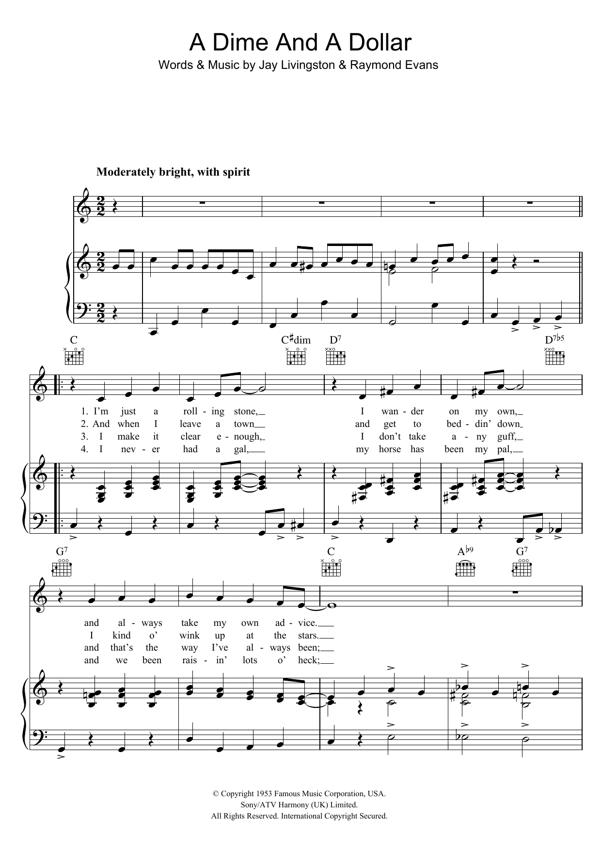Learn to play Guy Mitchell A Dime And A Dollar sheet music for Piano, Vocal & Guitar Chords in minutes. Price: 7.8900$ Guy Mitchell A Dime And A Dollar sheet music notes and chords arranged for Piano, Vocal & Guitar Chords
