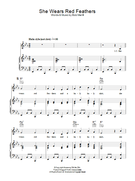 Learn to play Guy Mitchell She Wears Red Feathers sheet music for Piano, Vocal & Guitar Chords in minutes. Price: 7.8900$ Guy Mitchell She Wears Red Feathers sheet music notes and chords arranged for Piano, Vocal & Guitar Chords