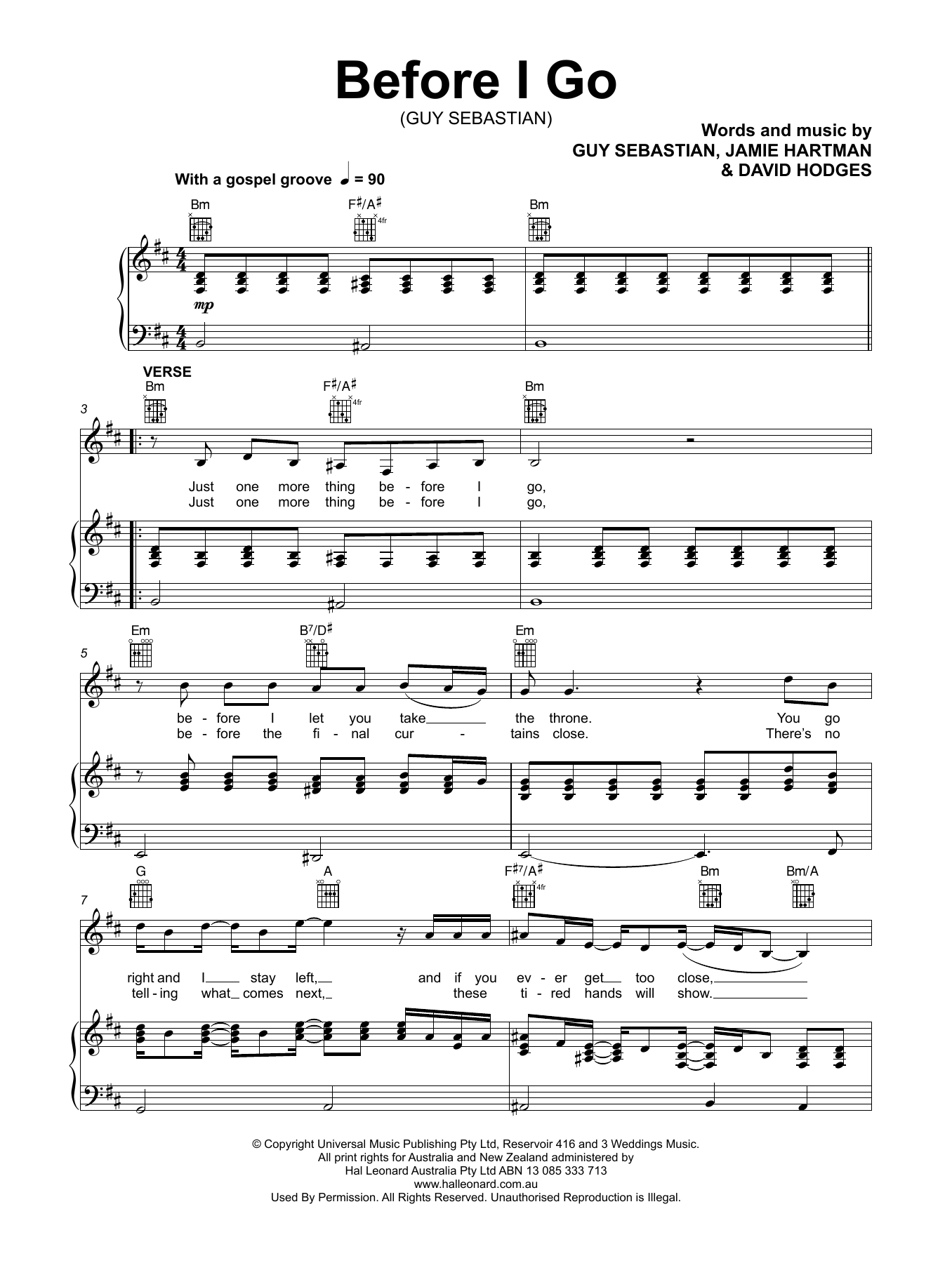 Guy Sebastian Before I Go sheet music notes and chords. Download Printable PDF.