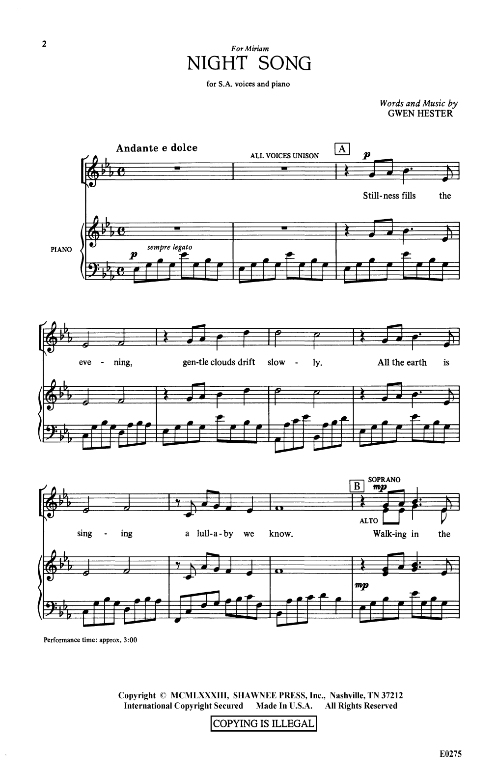 Learn to play Gwen Hester Night Song sheet music for 2-Part Choir in minutes. Price: 3.9900$ Gwen Hester Night Song sheet music notes and chords arranged for 2-Part Choir