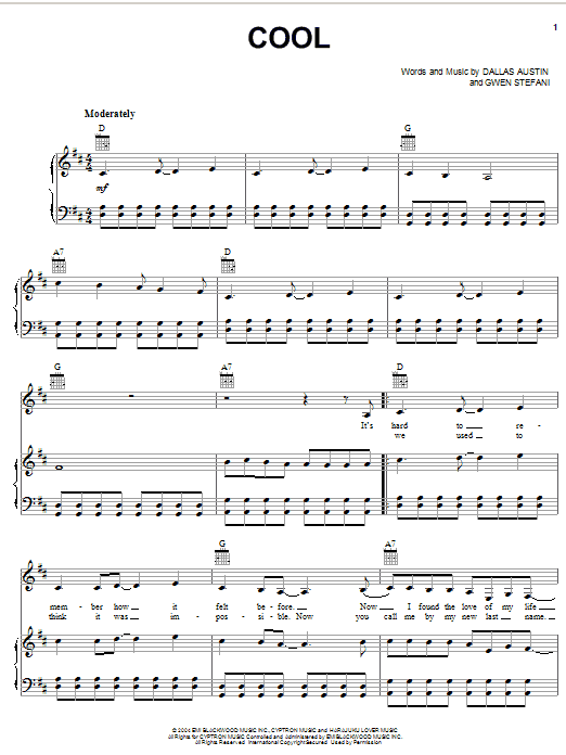 Learn to play Gwen Stefani Cool sheet music for Piano, Vocal & Guitar Chords (Right-Hand Melody) in minutes. Price: 7.8900$ Gwen Stefani Cool sheet music notes and chords arranged for Piano, Vocal & Guitar Chords (Right-Hand Melody)
