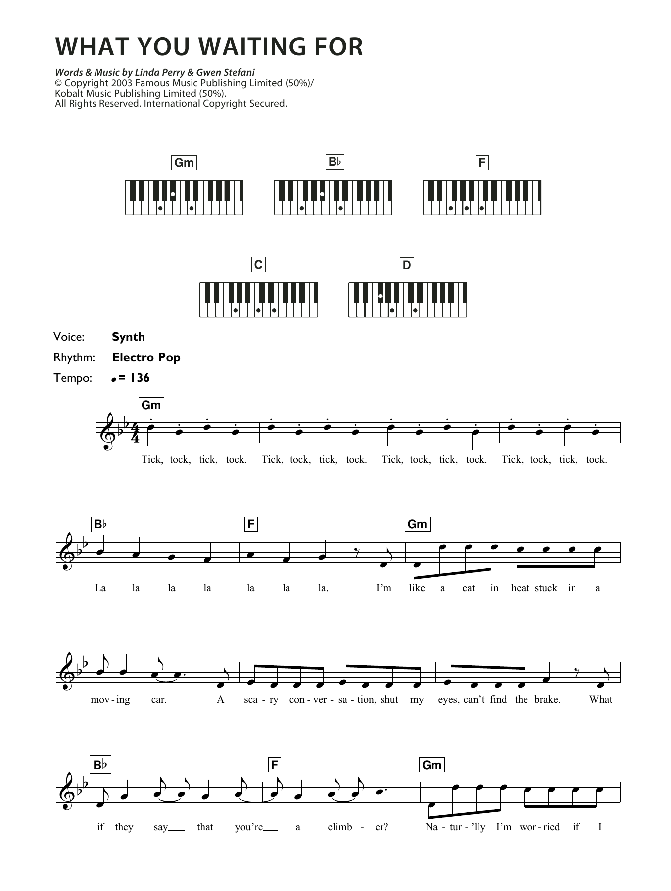 Learn to play Gwen Stefani What You Waiting For sheet music for Piano Chords/Lyrics in minutes. Price: 4.4900$ Gwen Stefani What You Waiting For sheet music notes and chords arranged for Piano Chords/Lyrics