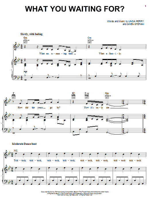 Learn to play Gwen Stefani What You Waiting For? sheet music for Piano, Vocal & Guitar Chords (Right-Hand Melody) in minutes. Price: 7.8900$ Gwen Stefani What You Waiting For? sheet music notes and chords arranged for Piano, Vocal & Guitar Chords (Right-Hand Melody)