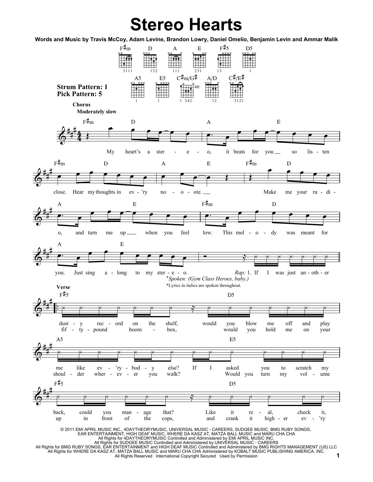 Gym Class Heroes Stereo Hearts (feat. Adam Levine) sheet music notes and chords. Download Printable PDF.