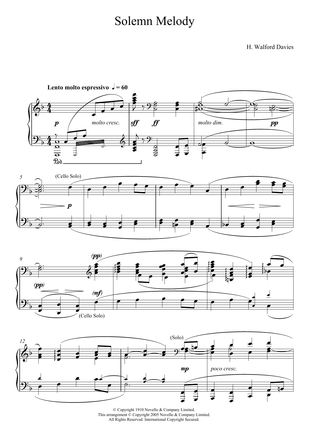 H. Walford Davies Solemn Melody sheet music notes and chords. Download Printable PDF.