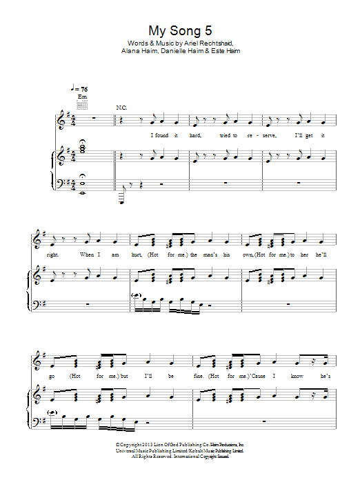 Learn to play Haim My Song 5 sheet music for Piano, Vocal & Guitar Chords in minutes. Price: 7.8900$ Haim My Song 5 sheet music notes and chords arranged for Piano, Vocal & Guitar Chords