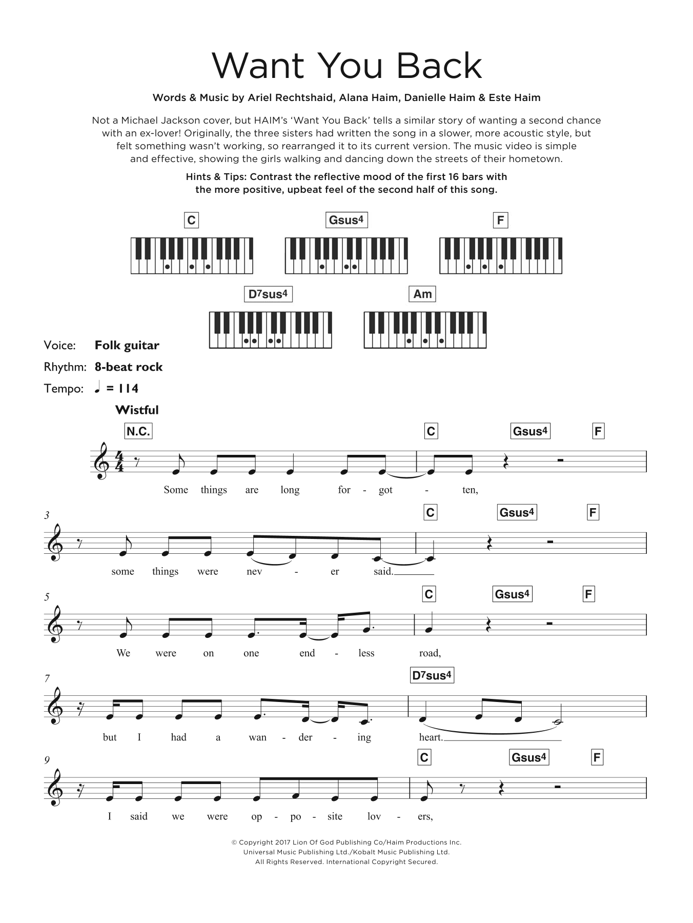 Haim Want You Back sheet music notes and chords. Download Printable PDF.