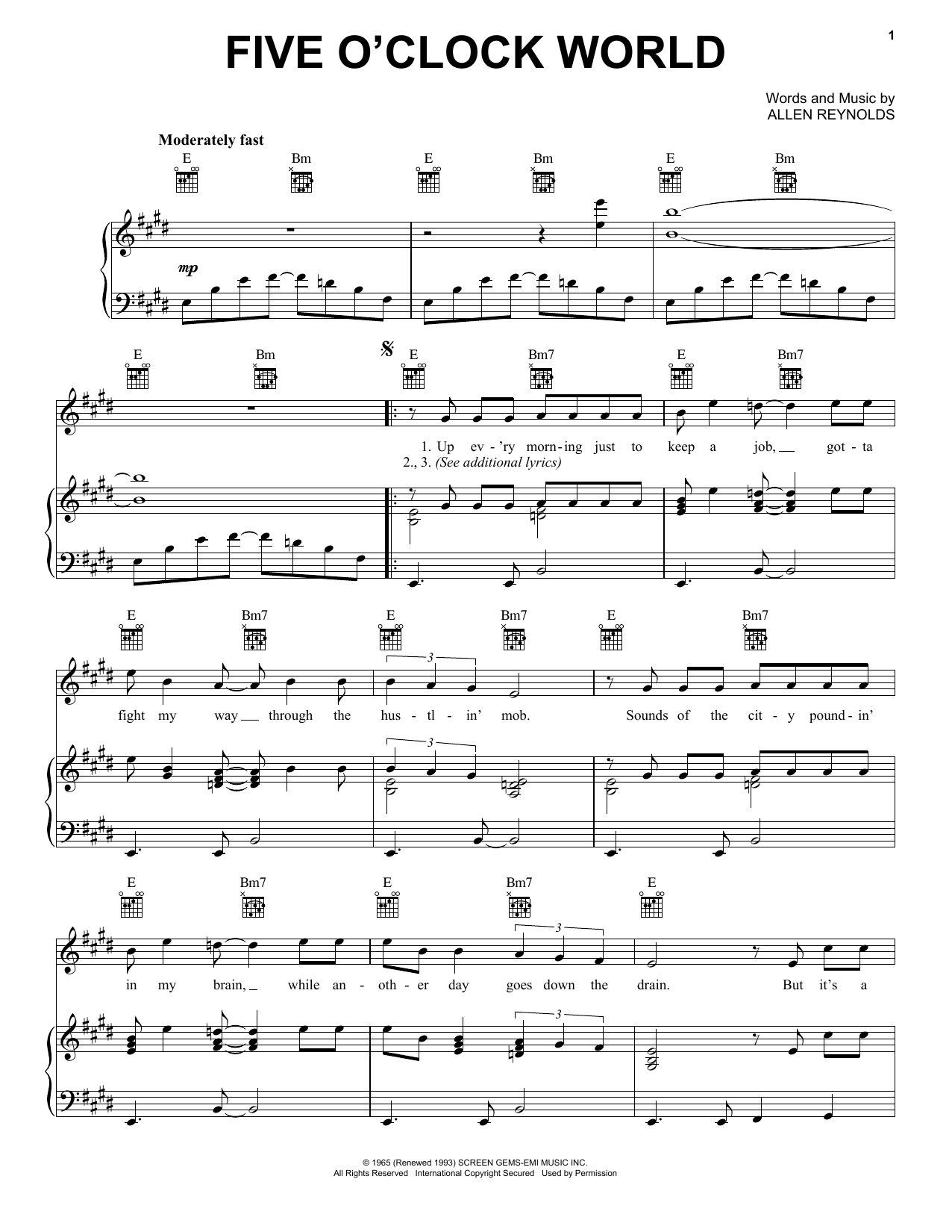 Learn to play Hal Ketchum Five O'Clock World sheet music for Piano, Vocal & Guitar Chords (Right-Hand Melody) in minutes. Price: 7.8900$ Hal Ketchum Five O'Clock World sheet music notes and chords arranged for Piano, Vocal & Guitar Chords (Right-Hand Melody)