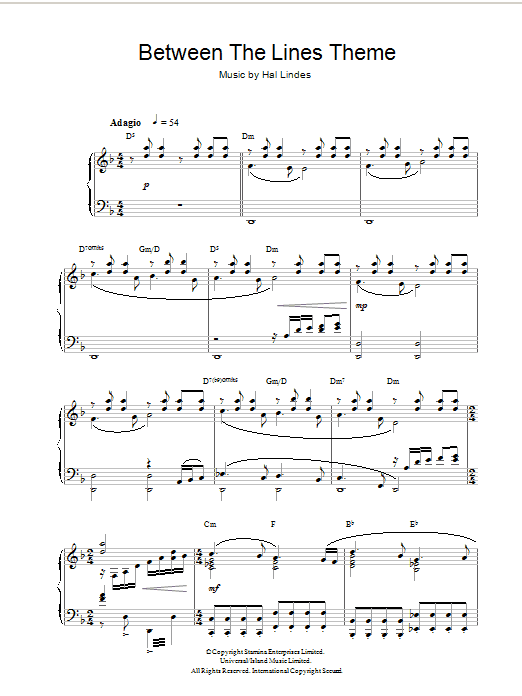Learn to play Hal Lindes Between The Lines Theme sheet music for Piano Solo in minutes. Price: 7.8900$ Hal Lindes Between The Lines Theme sheet music notes and chords arranged for Piano Solo