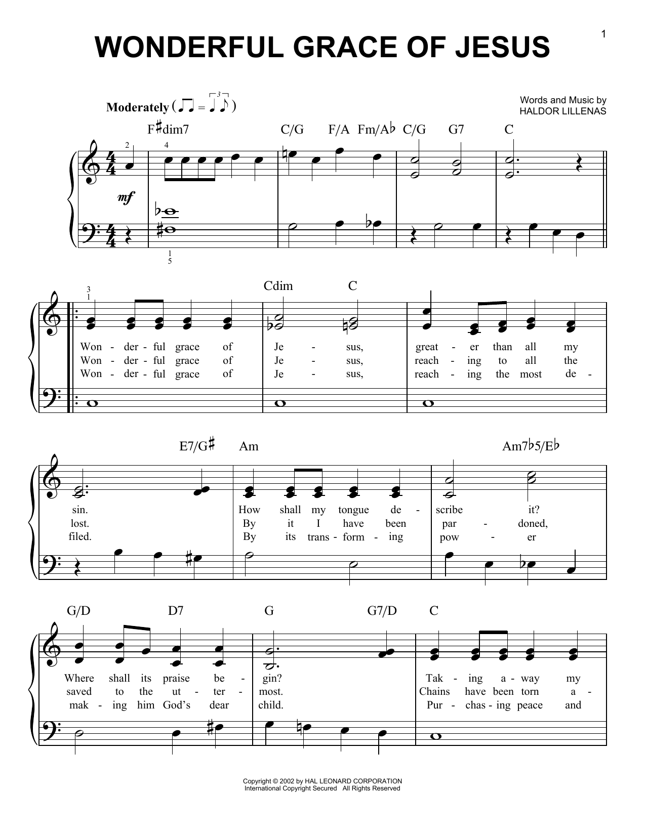 Haldor Lillenas Wonderful Grace Of Jesus sheet music notes and chords. Download Printable PDF.