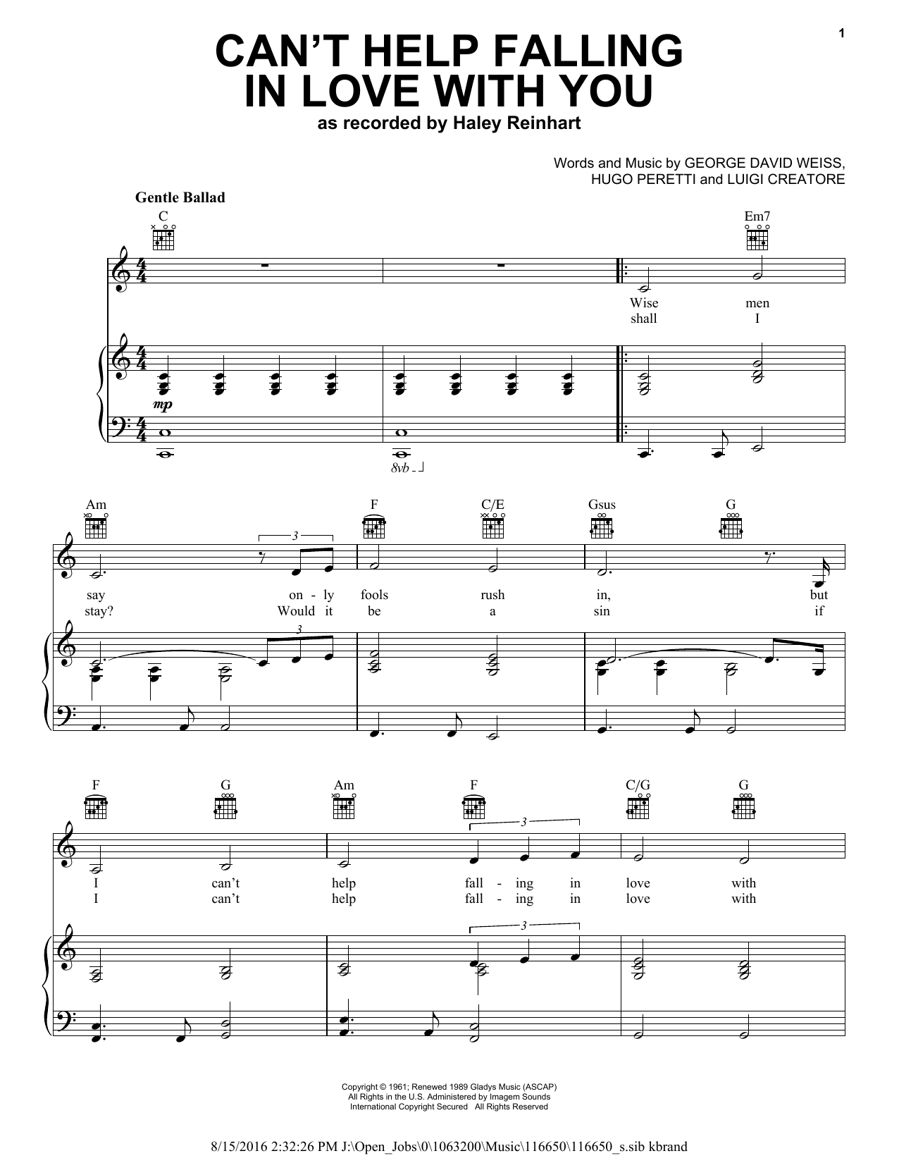 Haley Reinhart Can't Help Falling In Love sheet music notes and chords. Download Printable PDF.