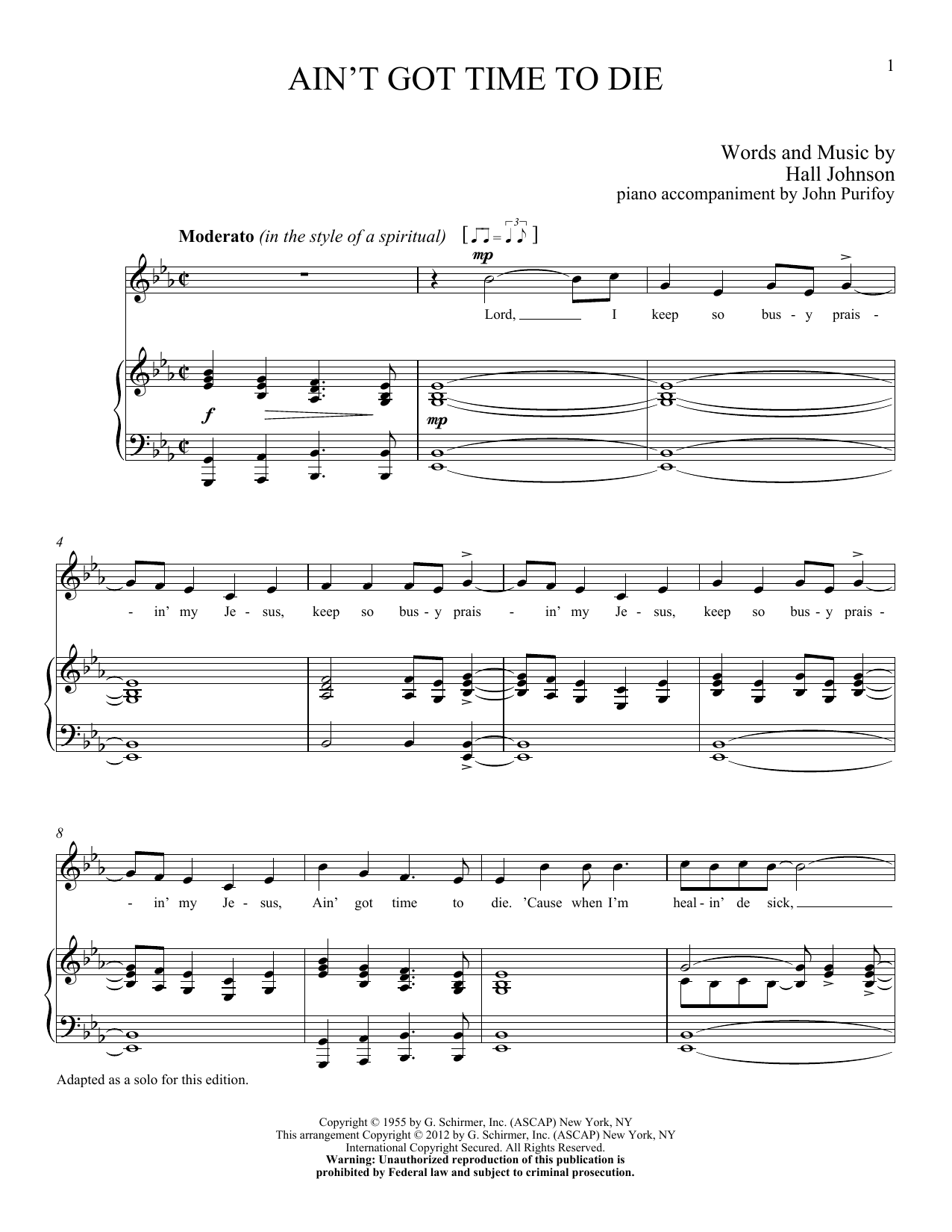 Hall Johnson Ain't Got Time to Die sheet music notes and chords. Download Printable PDF.