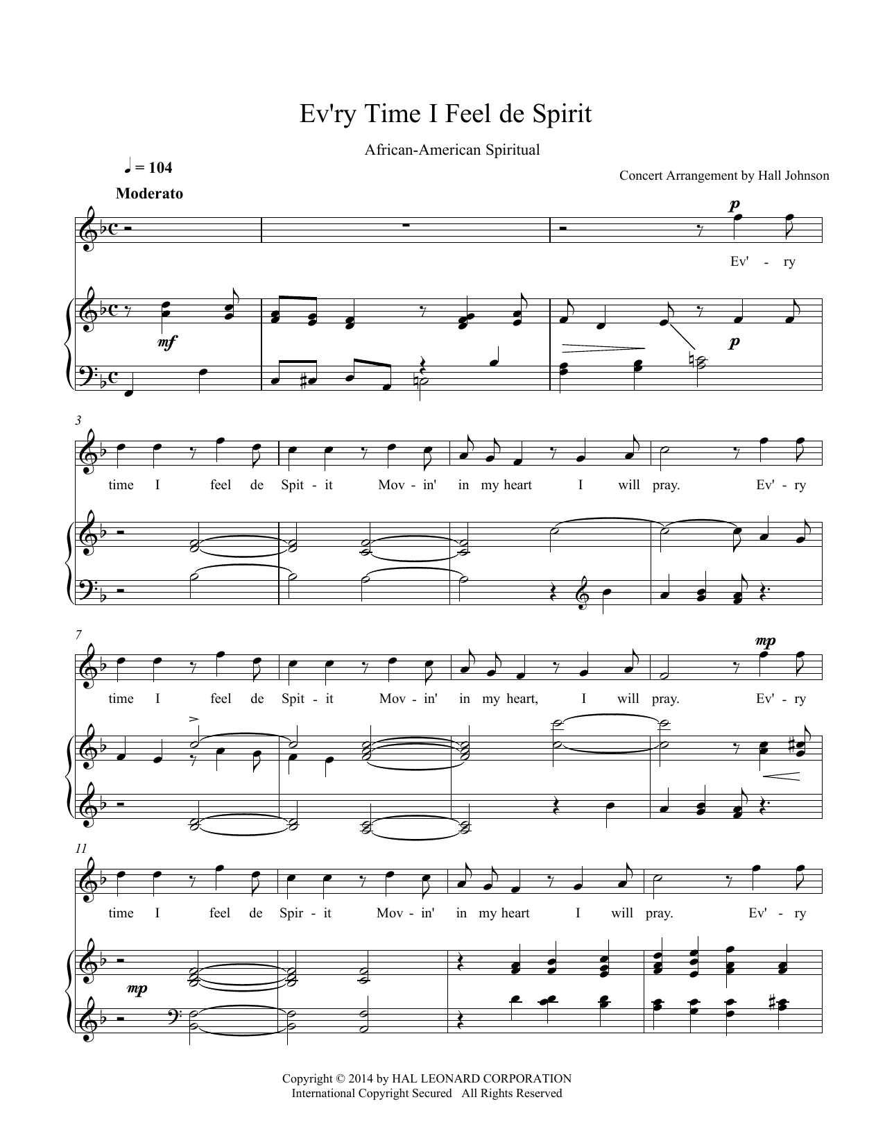 Hall Johnson Ev'ry Time I Feel de Spirit (F) sheet music notes and chords. Download Printable PDF.