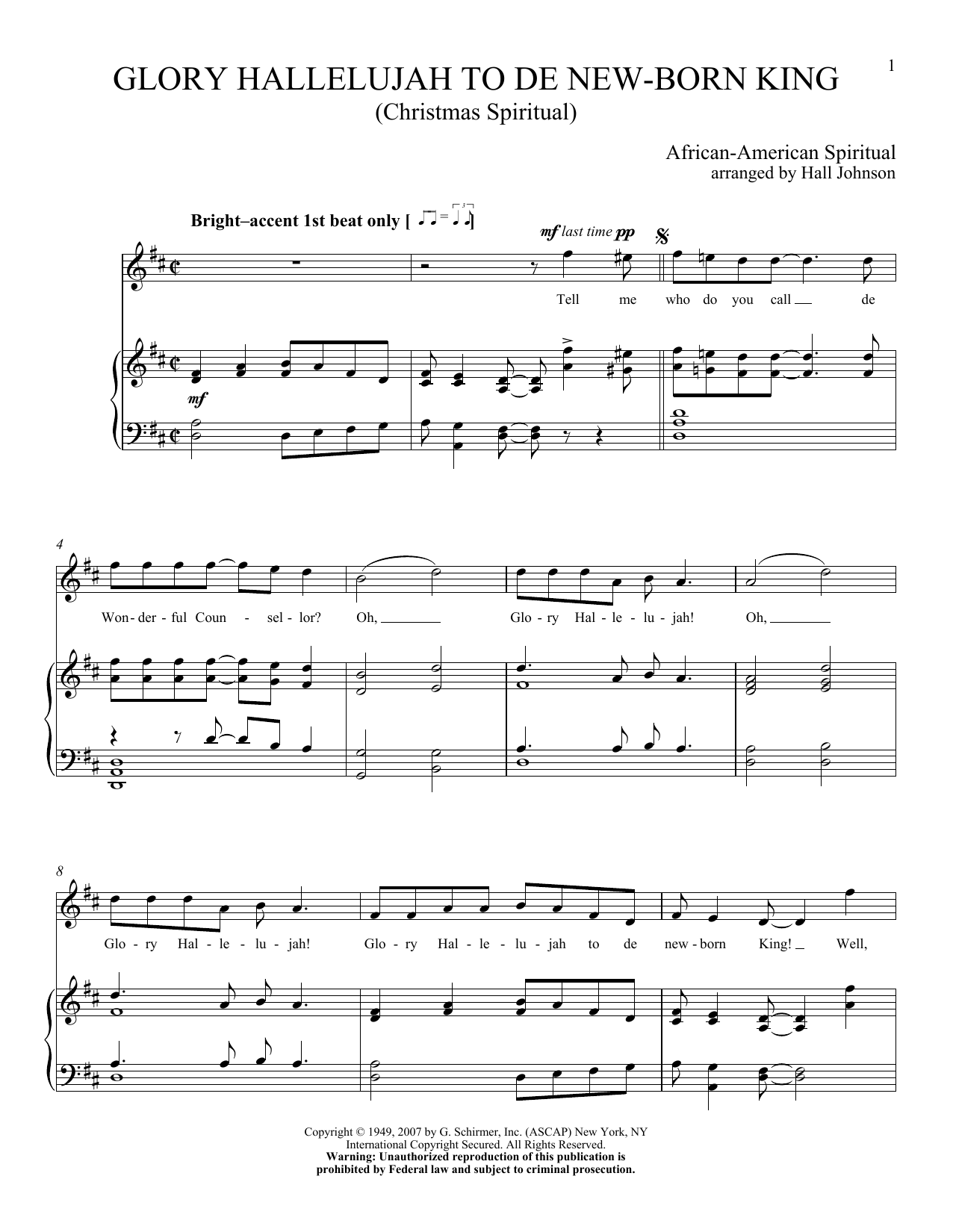 Learn to play Hall Johnson Glory Hallelujah To De New-born King sheet music for Piano & Vocal in minutes. Price: 7.8900$ Hall Johnson Glory Hallelujah To De New-born King sheet music notes and chords arranged for Piano & Vocal
