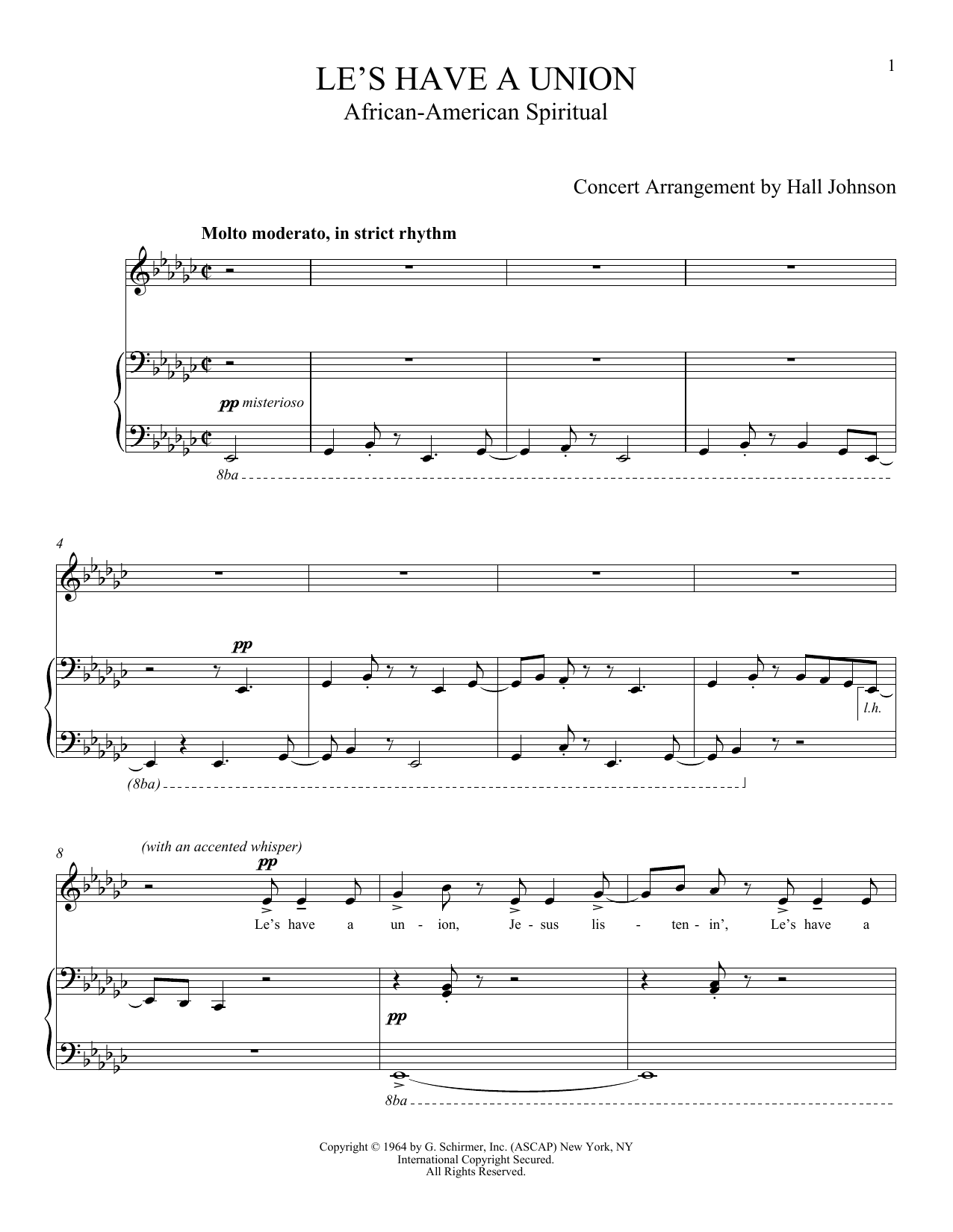 Learn to play Hall Johnson Le's Have a Union sheet music for Piano & Vocal in minutes. Price: 7.8900$ Hall Johnson Le's Have a Union sheet music notes and chords arranged for Piano & Vocal