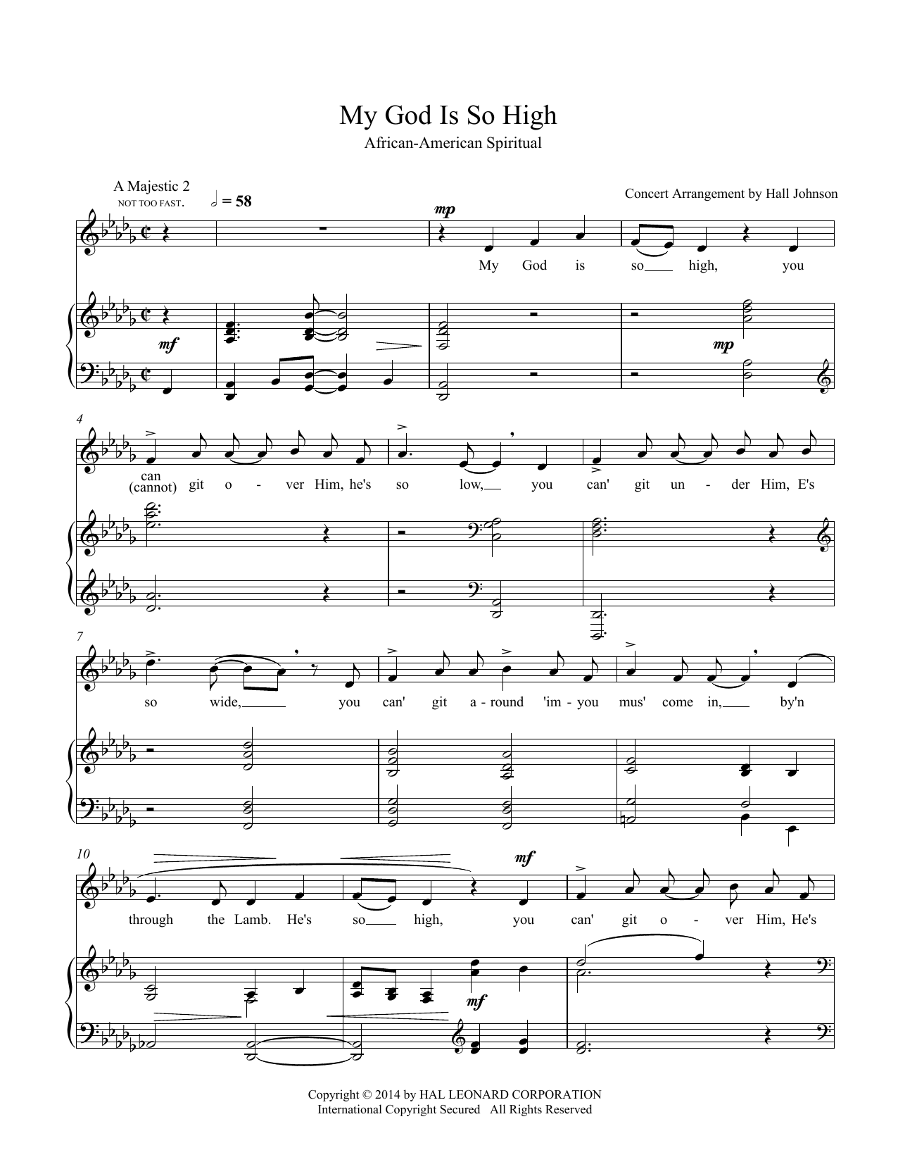 Learn to play Hall Johnson My God Is So High (D-flat) sheet music for Piano & Vocal in minutes. Price: 7.8900$ Hall Johnson My God Is So High (D-flat) sheet music notes and chords arranged for Piano & Vocal