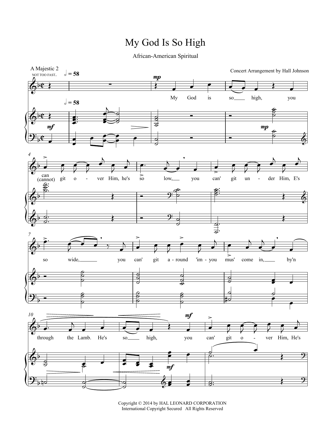 Learn to play Hall Johnson My God Is So High (F) sheet music for Piano & Vocal in minutes. Price: 7.8900$ Hall Johnson My God Is So High (F) sheet music notes and chords arranged for Piano & Vocal