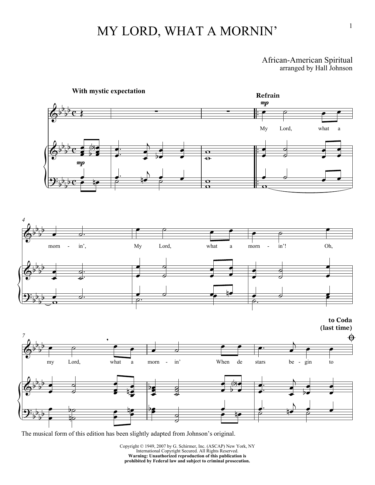 Learn to play Hall Johnson My Lord What A Mornin' sheet music for Piano & Vocal in minutes. Price: 7.8900$ Hall Johnson My Lord What A Mornin' sheet music notes and chords arranged for Piano & Vocal