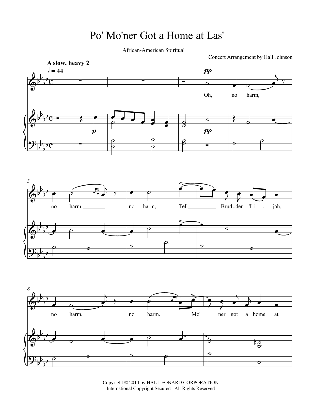 Learn to play Hall Johnson Po' Mo'ner Got a Home at Las' (F minor) sheet music for Piano & Vocal in minutes. Price: 7.8900$ Hall Johnson Po' Mo'ner Got a Home at Las' (F minor) sheet music notes and chords arranged for Piano & Vocal
