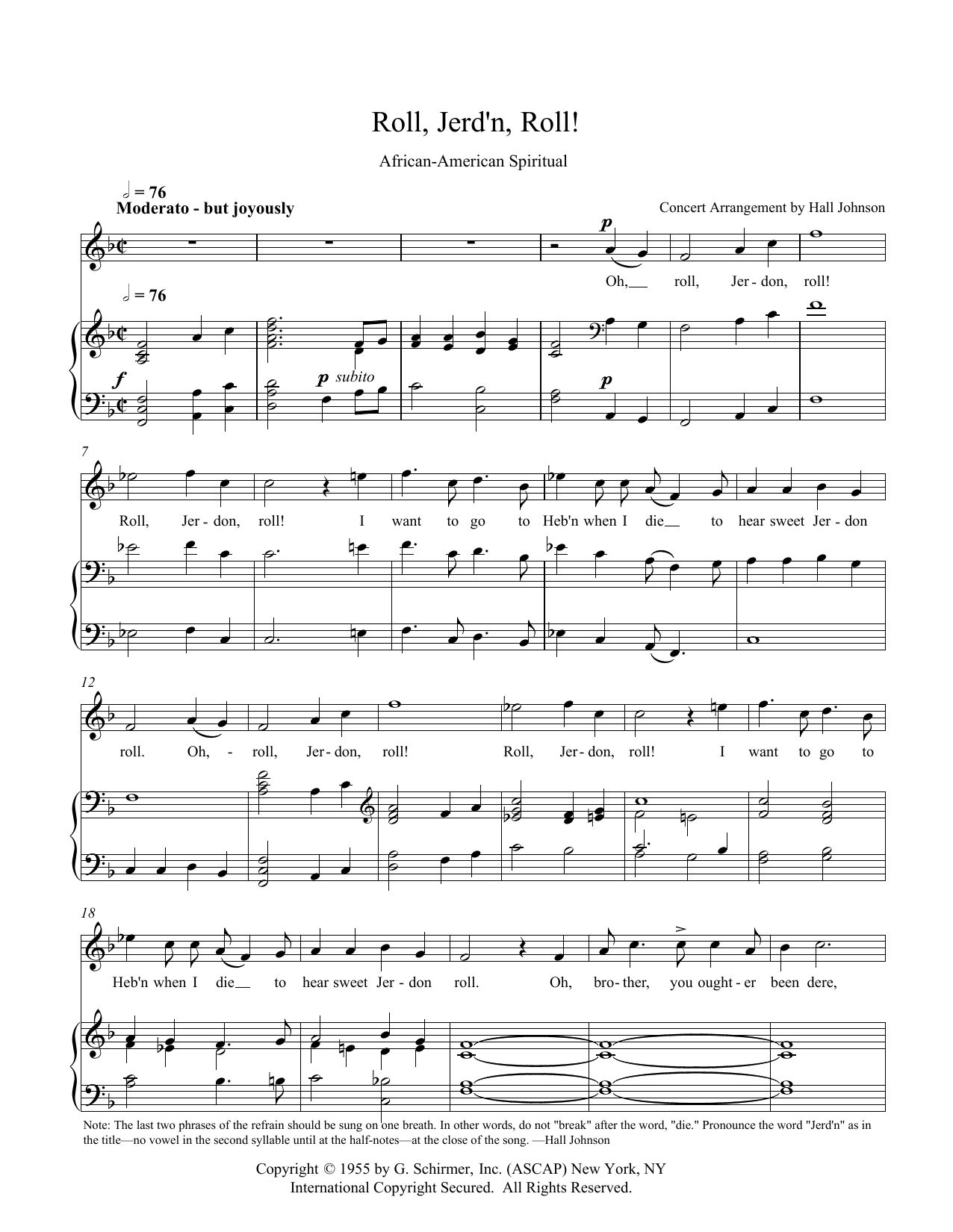 Learn to play Hall Johnson Roll, Jordan Roll (F) sheet music for Piano & Vocal in minutes. Price: 7.8900$ Hall Johnson Roll, Jordan Roll (F) sheet music notes and chords arranged for Piano & Vocal