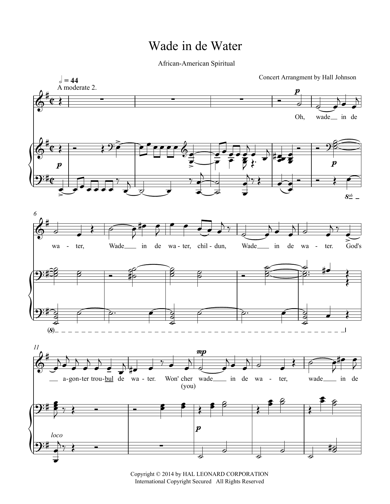 Learn to play Hall Johnson Wade in de Water (E minor) sheet music for Piano & Vocal in minutes. Price: 7.8900$ Hall Johnson Wade in de Water (E minor) sheet music notes and chords arranged for Piano & Vocal