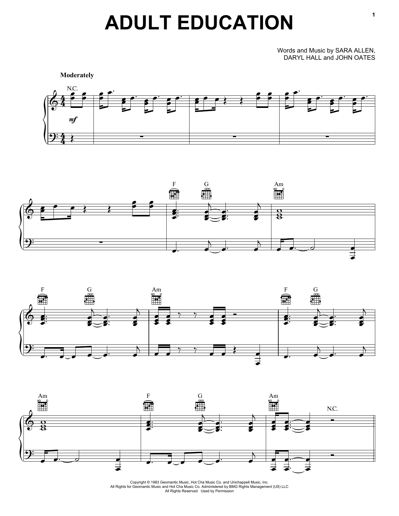 Learn to play Hall & Oates Adult Education sheet music for Piano, Vocal & Guitar Chords (Right-Hand Melody) in minutes. Price: 7.8900$ Hall & Oates Adult Education sheet music notes and chords arranged for Piano, Vocal & Guitar Chords (Right-Hand Melody)